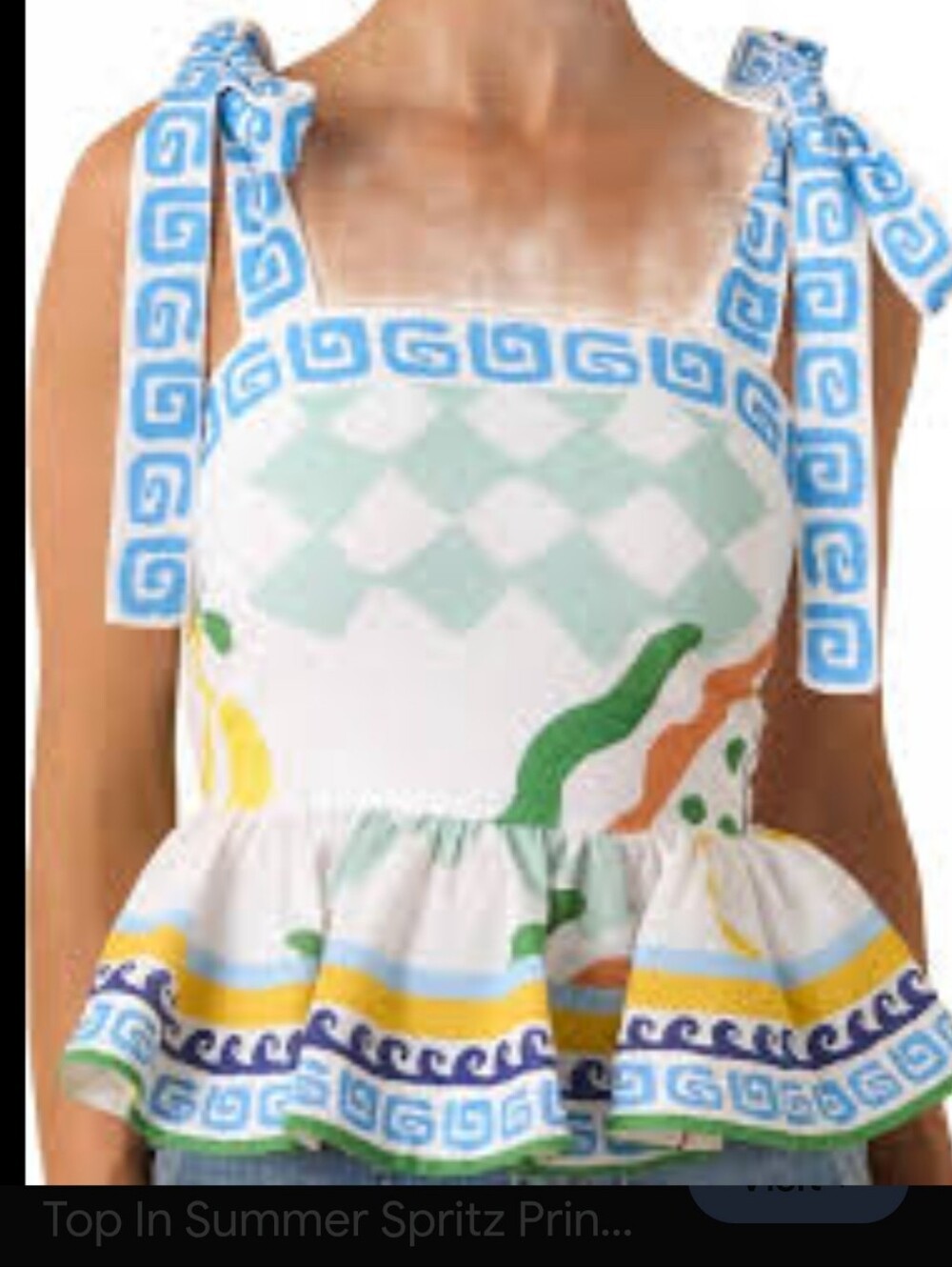 Prosperina Summer Print Tie-Shoulder Peplum Top in White & Blue Print NWT Size M
